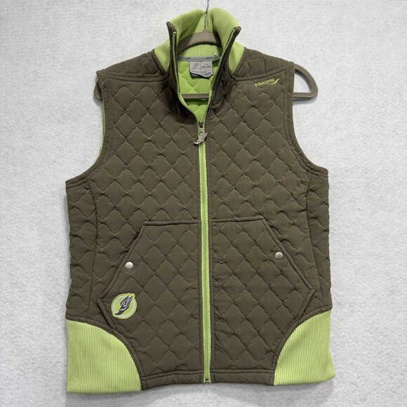 Saucony Vest Womens 2XL Olive Green Quilted Full Zip Sleeveless Winged Shoe Logo - Picture 1 of 10
